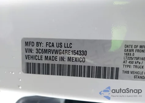 2024 Ram Promaster 3500 Tradesman Low Roof 136 Wb W/Pass Seat from USA, damaged, VIN 3C6MRVWG4RE154330